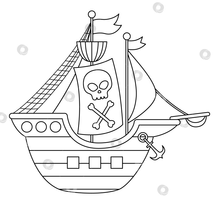 Скачать Векторный черно-белый значок пиратского корабля. Симпатичная иллюстрация морского судна. Линейная лодка охотника за сокровищами с острова сокровищ с парусами, черепом и скрещенными костями. Забавный элемент пиратской вечеринки или раскраска для детей фотосток Ozero