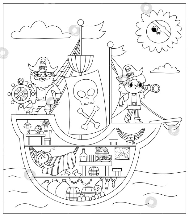 Скачать Векторная черно-белая сцена пиратского корабля. Интерьер рейдерского судна с пиратами, грузовой отсек, каюта, капитан. Линейная иллюстрация "Охота за сокровищами" с лодкой внутри, спящим моряком. Морской пейзаж, раскраска фотосток Ozero