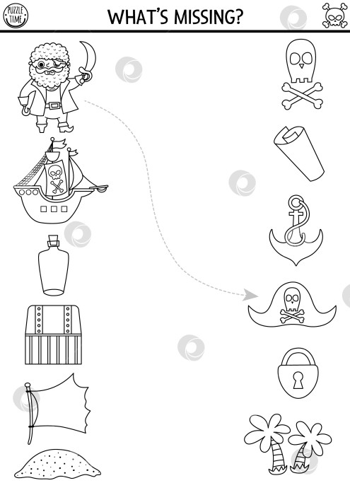Скачать Пиратское черно-белое занятие в тон с милыми морскими символами. Головоломка "Охота за сокровищами" с кораблем, сундуком, флагом, островом, бутылкой, якорем. Подбирай предметы в игре. Раскраска "Морские приключения" фотосток Ozero