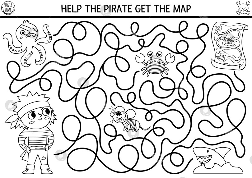 Скачать Пиратский черно-белый лабиринт для детей. Занятие для дошкольников "Охота за сокровищами" для печати с симпатичным капитаном рейдера, осьминогом, крысой, акулой, крабом. Игра-раскраска "Лабиринт морских приключений". Помогите пирату раздобыть карту фотосток Ozero