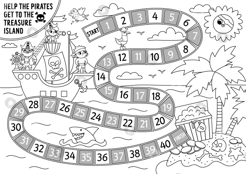 Скачать Пиратская черно-белая настольная игра в кости для детей с милым пиратским кораблем, охотящимся за сокровищами. Настольная игра "Охота на остров сокровищ" с пиратами, сундуком.  Раскраска "Морские приключения" для печати фотосток Ozero