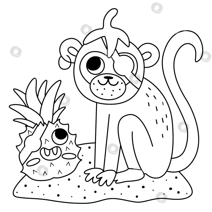 Скачать Черно-белая векторная пиратская обезьяна с улыбающимся ананасом. Симпатичная линейная иллюстрация с животными и фруктами или страница-раскраска. Охотник за сокровищами с банановой кожурой. Забавная сцена пиратской вечеринки для детей фотосток Ozero