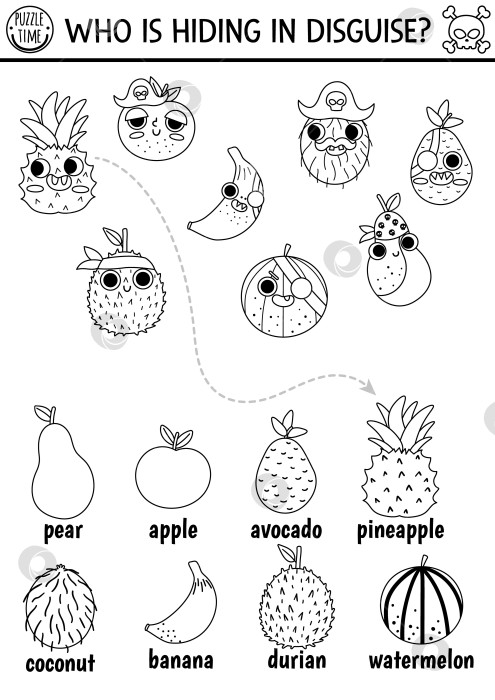Скачать Черно-белая пиратская фруктовая игра в прятки. Подходящее занятие для детей "Охота на остров сокровищ". Морские приключения ищут и находят линейный лист. Простая игра для печати или раскраска фотосток Ozero