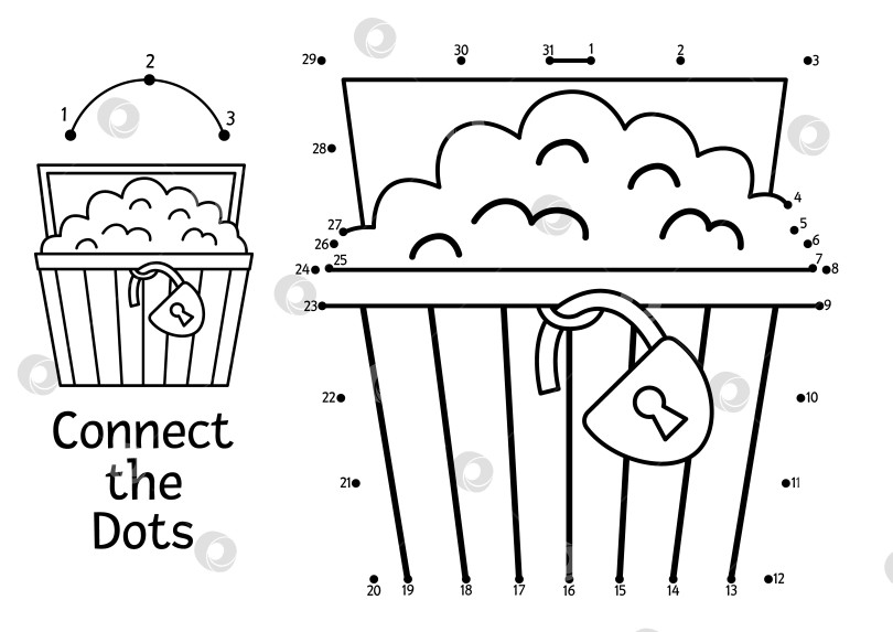 Скачать Векторная точечная и цветовая активность с сундуком с сокровищами. Игра "Пиратский остров: соедини точки". Раскраска "Морские приключения" для детей с сундуком с монетами. Печатаемый рабочий лист с цифрами фотосток Ozero