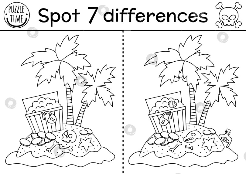 Скачать Черно-белый пират - игра для детей "Найди отличия". Морские приключения дополняют образовательную деятельность милым островом сокровищ с пальмами и сундуком. Рабочий лист для печати, раскраска для детей фотосток Ozero