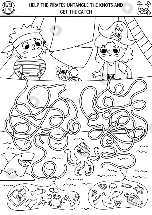 Скачать Черно-белый пиратский лабиринт для детей с кораблем, морем и маленькими моряками. Занятие для печати в дошкольном учреждении "Охота за сокровищами". Раскраска "Лабиринт морских приключений" или головоломка фотосток Ozero