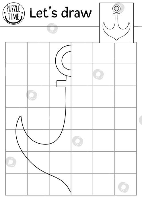 Скачать Завершите изображение якоря. Практикующий лист для векторного пиратского симметричного рисования. Черно-белое занятие для дошкольников, пригодное для печати. Скопируйте картинку игры "Остров сокровищ" с частью корабля фотосток Ozero