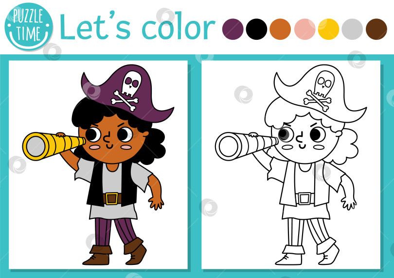 Скачать Пиратская раскраска для детей с девочкой-пиратом, смотрящей в телескоп. Векторная иллюстрация контура острова сокровищ. Раскраска для детей с цветным примером. Навыки рисования рабочий лист для печати фотосток Ozero