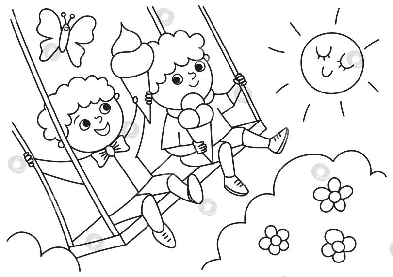 Скачать Черно-белая сцена с двумя мальчиками, качающимися на качелях и поедающими мороженое. Раскраска для ресторана итальянской кухни. Традиционная римская кухня и иллюстрация шеф-повара. Забавный контурный рисунок для детей фотосток Ozero
