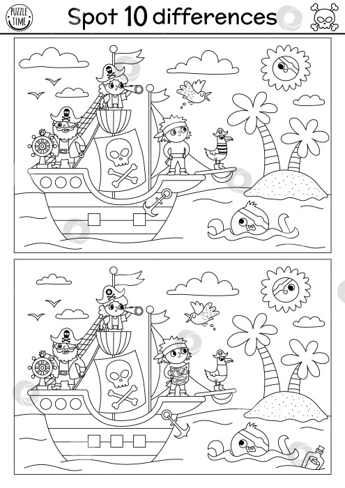 Скачать Черно-белая игра "Найди отличия" для детей. Морские приключения дополняют образовательную деятельность милым пиратским кораблем, пиратами, осьминогом. Рабочий лист для печати "Остров сокровищ", раскраска для детей фотосток Ozero