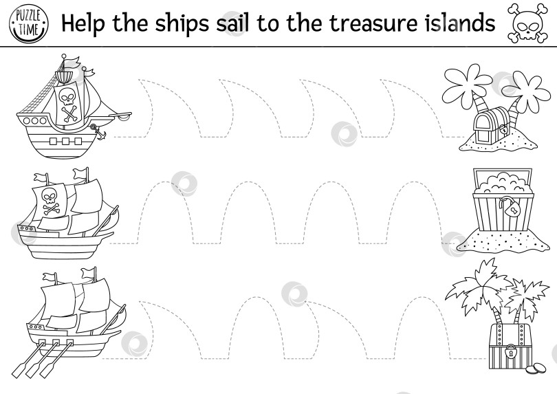 Скачать Векторный рабочий лист для практики рукописного ввода пиратского корабля. Черно-белое занятие для детей дошкольного возраста "Остров сокровищ" для печати. Игра-трассировка для развития навыков письма. Раскраска с милыми лодочками фотосток Ozero