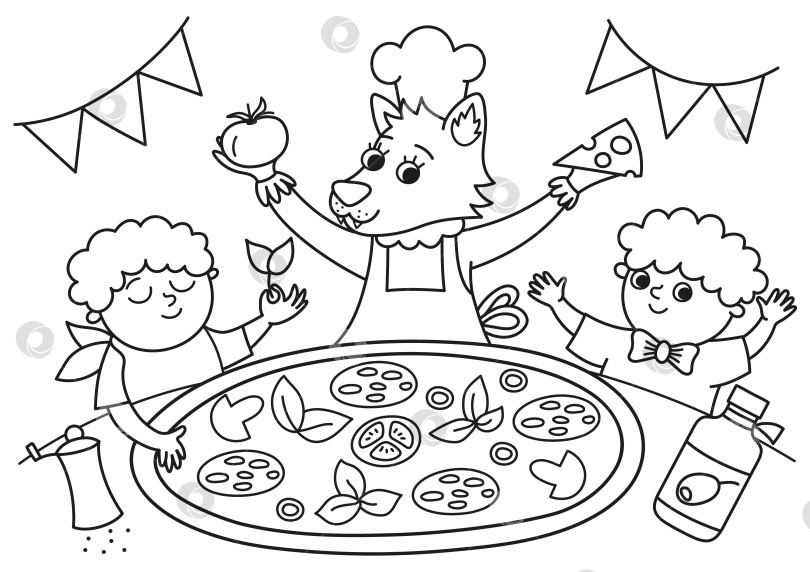 Скачать Черно-белая сцена с поваром Вольфом и двумя мальчиками, готовящими пиццу. Раскраска для ресторана итальянской кухни. Традиционная римская кухня и иллюстрация шеф-повара. Забавный контурный рисунок для детей фотосток Ozero