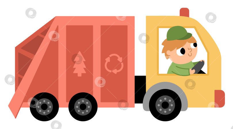 Скачать Значок мусоровоза. Мужчина за рулем мусорного фургона со знаком вторичной переработки. Иллюстрация мусорного автомобиля, изолированная на белом фоне. Концепция сортировки отходов. Векторное изображение защиты окружающей среды фотосток Ozero