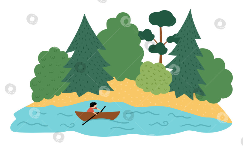 Скачать Векторный речной и лесной ландшафт. Экологически чистая концепция с деревьями, озером и лодкой. Экологическая иллюстрация или иллюстрация кемпинга на открытом воздухе. Милая сцена дня земли фотосток Ozero