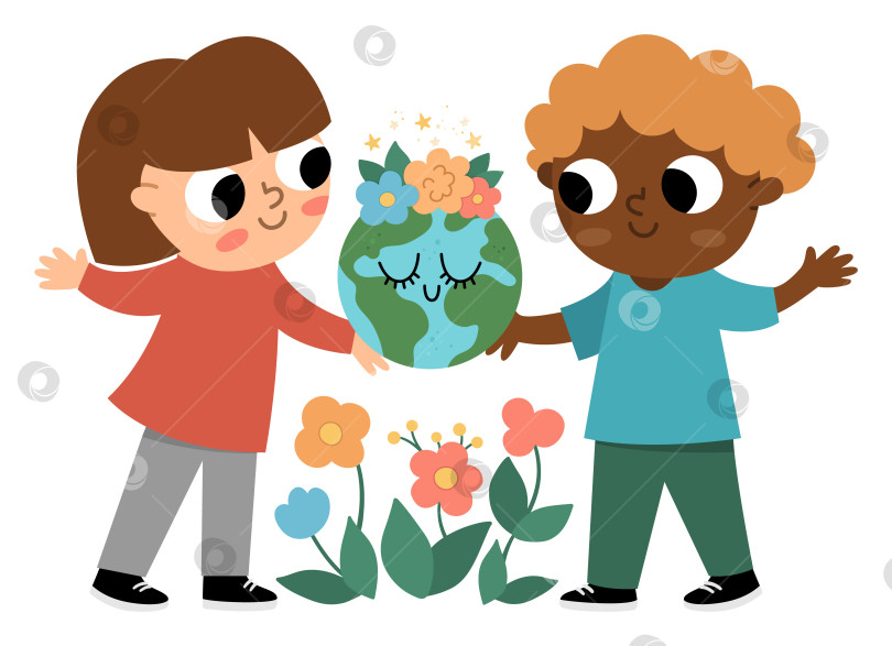 Скачать Милые экологически чистые дети держат в руках улыбающуюся землю. Мальчик и девочка заботятся о планете и окружающей среде. Иллюстрация ко дню Земли. Экологическая векторная концепция с детьми и глобусом с цветами фотосток Ozero