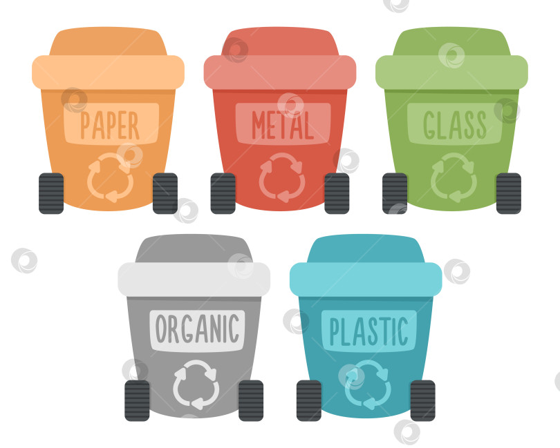 Скачать Векторный значок мусорных баков для сортировки отходов. Разноцветные ящики для мусора из органики, бумаги, металла, стекла, пластика. День Земли или экологическая концепция "ноль отходов". Иллюстрация контейнеров для переработки мусора или макулатуры фотосток Ozero