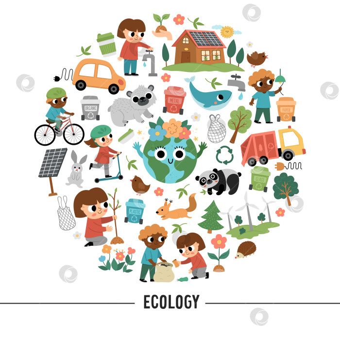 Скачать Векторная экологическая круглая рамка с милыми детьми, заботящимися о природе. Шаблон открытки на день Земли для баннеров, приглашений. Симпатичная экологичная иллюстрация с планетой, переработкой отходов, концепцией посева семян фотосток Ozero