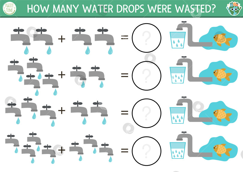 Скачать Сколько капель выпадает в игре с помощью тапов. Занятие по экологическому сложению математики для детей дошкольного возраста. Простой лист для подсчета в день эко-земли для печати для детей с концепцией экономии воды фотосток Ozero