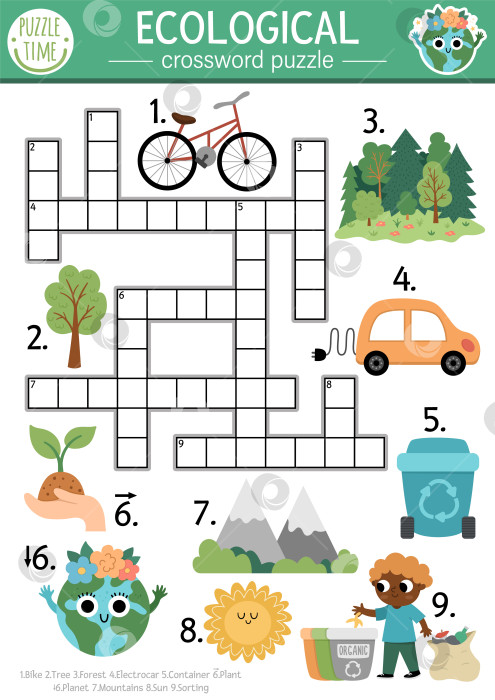 Скачать Векторный экологический кроссворд для детей. Простая викторина на день Земли с экологическим городским пейзажем для детей. Образовательная деятельность по повышению экологической осведомленности. Симпатичное перекрестное слово с лесом, планетой, растениями фотосток Ozero