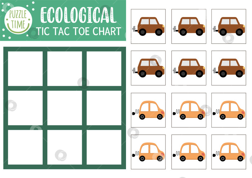 Скачать Векторная экологическая схема игры в крестики-нолики с альтернативным транспортом. Игровое поле для настольной игры "Экологическая осведомленность". Забавный лист для печати на день Земли с электромобилем. Сетка крестиков и ноликов фотосток Ozero