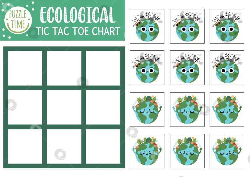 Скачать Векторная экологическая таблица крестиков-ноликов с улыбающимися и грустными загрязненными планетами. Игровое поле для настольной игры "Экологическая осведомленность". Забавный рабочий лист для печати на день Земли. Сетка крестиков и ноликов фотосток Ozero