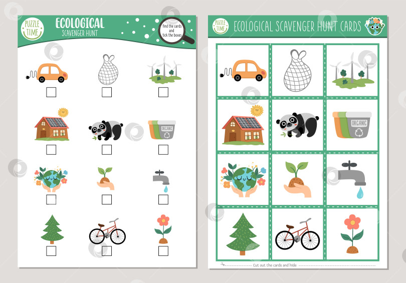 Скачать Набор векторных карточек для экологической охоты на падальщиков. Игра "Ищи и находи" с милыми символами экологической осведомленности для детей. Поисковое мероприятие в день Земли. Простой учебный лист для печати фотосток Ozero