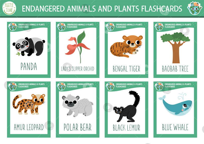 Скачать Набор векторных флэш-карточек с изображением вымерших животных. Экологическая игра на английском языке с китом, пандой, леопардом. Карточки для ознакомления с экологией для детей. Простой учебный лист для печати. фотосток Ozero