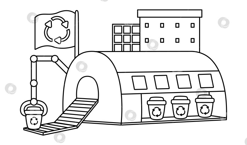 Скачать Векторный черно-белый значок завода по переработке отходов. Иллюстрация линии завода по сортировке мусора. Иллюстрация по переработке мусора. Симпатичный пейзаж, сцена или раскраска дня Земли фотосток Ozero