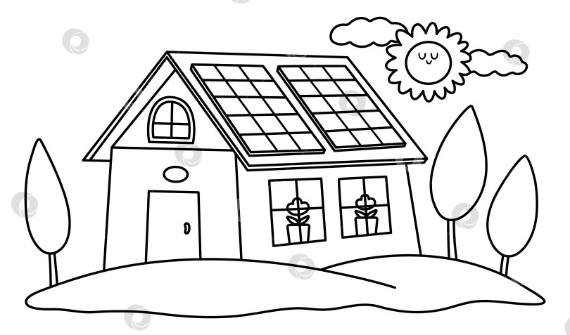 Скачать Векторный черно-белый значок эко-дома. Концепция экологически чистой линии домов с деревьями и солнечными батареями. Иллюстрация экологического образа жизни в сельской местности. Симпатичный пейзаж дня Земли или раскраска фотосток Ozero