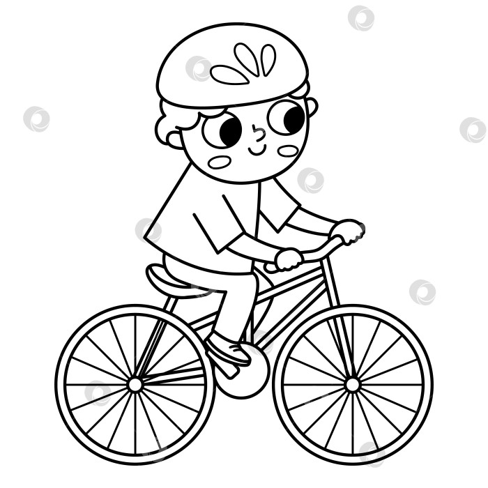Скачать Черно-белый мальчик едет на велосипеде в значке шлема. Симпатичная линия экологически чистого малыша. Ребенок, пользующийся альтернативным транспортом. День Земли, концепция здорового образа жизни или раскраска фотосток Ozero