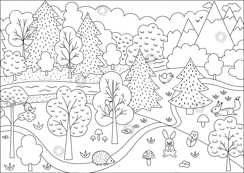Скачать Векторная черно-белая сцена дикого леса с деревьями, горами, животными, птицами. Весной или летом украсьте лесной пейзаж цветами, растениями, грибами. Пейзаж дикой природы или раскраска фотосток Ozero
