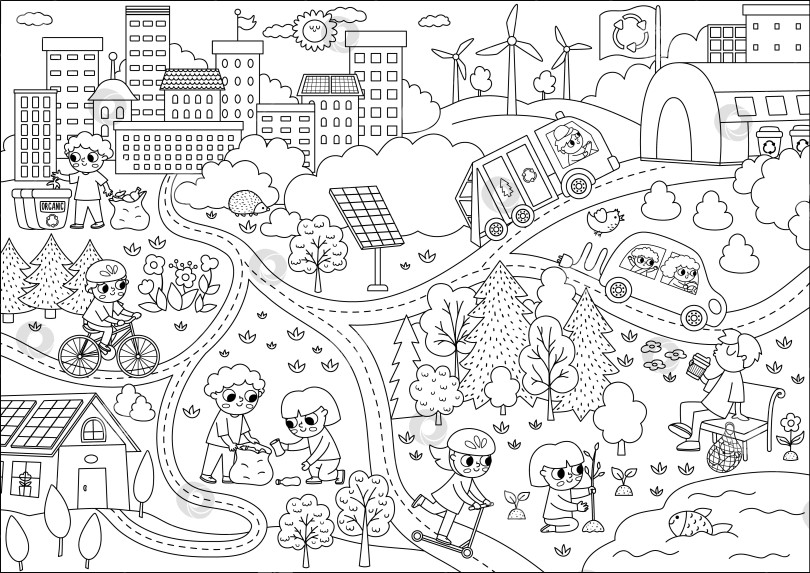 Скачать Векторная черно-белая сцена эко-города. Экологический ландшафт городской черты с альтернативным транспортом, энергетической концепцией. Иллюстрация зеленого города с детьми, заботящимися об окружающей среде. Раскраска "День Земли" фотосток Ozero