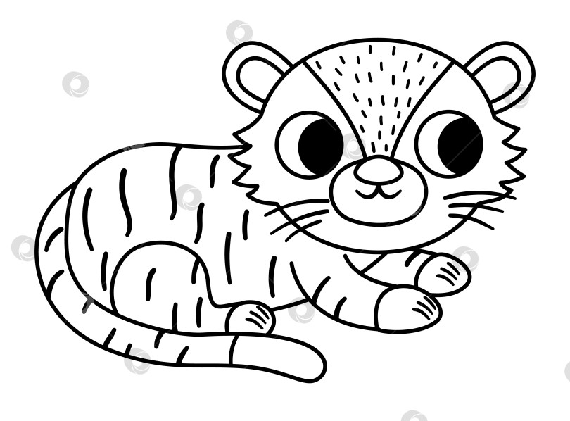 Скачать Векторный черно-белый значок бенгальского тигра. Иллюстрация к исчезающим видам. Симпатичное вымершее животное, изолированное на белом фоне. Забавная иллюстрация линии диких животных для детей. Раскраска по охране природы фотосток Ozero