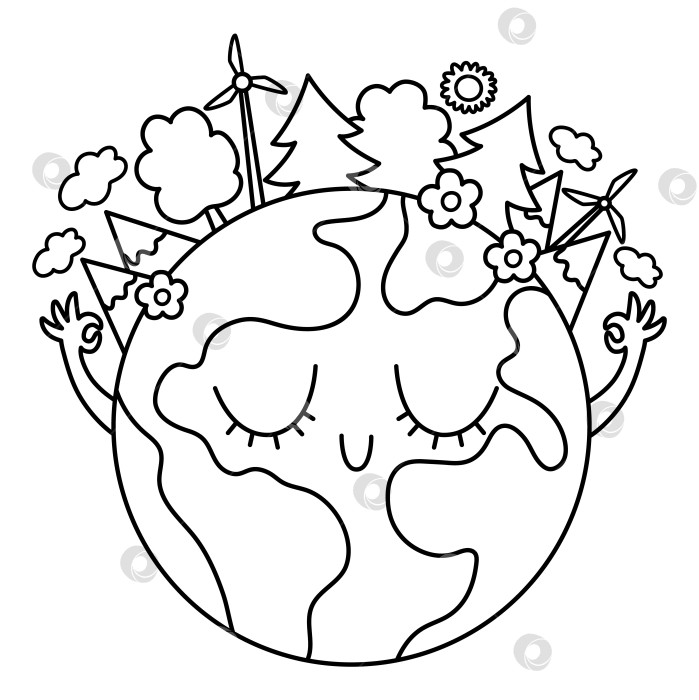 Скачать Векторная черно-белая земля для детей. Линейная иллюстрация дня Земли с милой кавайной улыбающейся планетой с закрытыми глазами. Экологичный значок или раскраска с глобусом и лесом фотосток Ozero