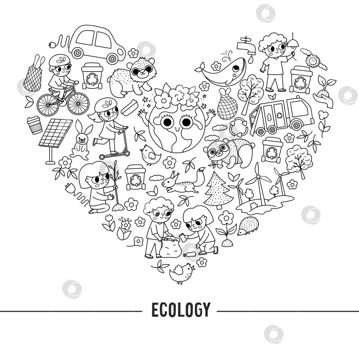 Скачать Векторная черно-белая экологическая рамка в форме сердца с милыми детьми, заботящимися о природе. Шаблон открытки на день Земли для баннеров, приглашений. Симпатичная раскраска, дружественная к окружающей среде, концепция любви к природе фотосток Ozero
