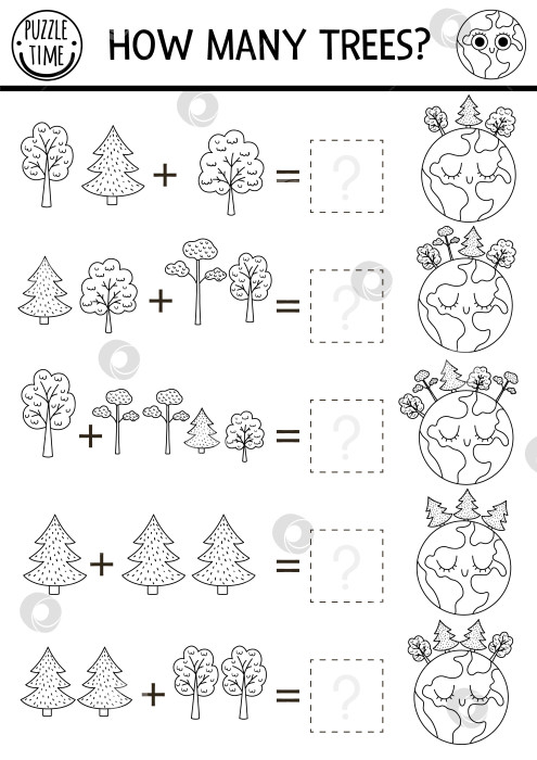 Скачать Сколько деревьев в черно-белой игре с милой планетой. Занятие по экологическому сложению математики для детей дошкольного возраста. Простая раскраска для детей с растениями и землей, пригодная для печати в день эко-земли фотосток Ozero