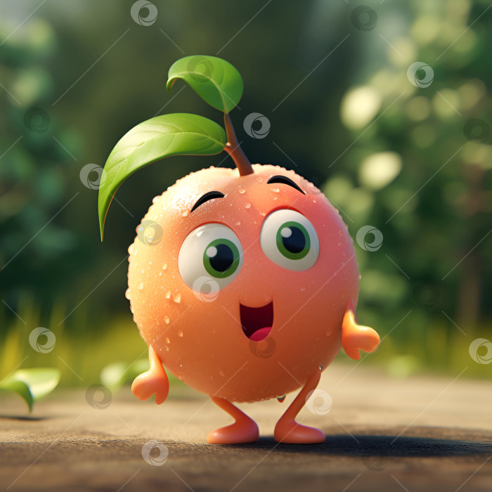 Скачать Забавный мультяшный персонаж персик. Иллюстрация мокрого милого мультяшного персика с удивленной эмоцией на фоне природы. Удивленный забавный персик в саду. Порождающий искусственный интеллект фотосток Ozero