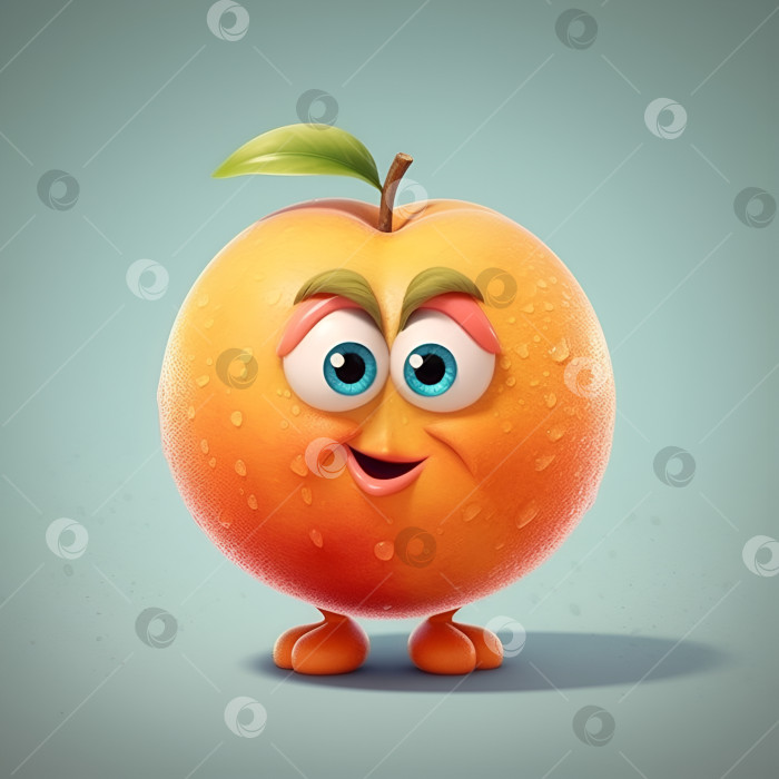 Скачать Забавный мультяшный персонаж персик. Иллюстрация мокрого милого мультяшного персика с улыбающейся эмоцией, выделенной на светло-сером фоне. Порождающий искусственный интеллект фотосток Ozero