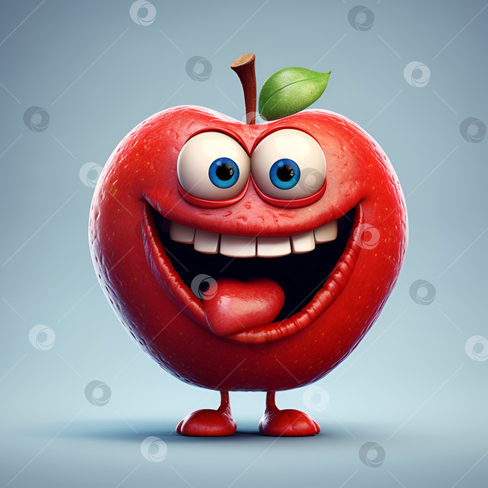Скачать Забавное мультяшное яблоко с огромной улыбкой, выделенное на светло-голубом фоне. Симпатичный улыбающийся смайлик-талисман мультяшного персонажа Apple. Порождающий искусственный интеллект фотосток Ozero