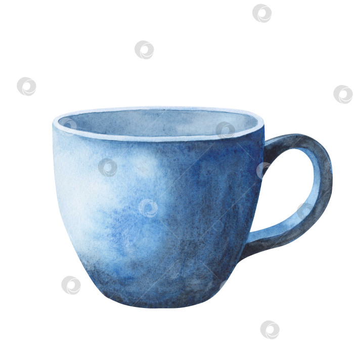 Скачать Керамическая синяя чашка ручной работы, выделенная на белом фоне. Кружка для рукоделия. Акварельная иллюстрация для открытки, дизайн-меню фотосток Ozero
