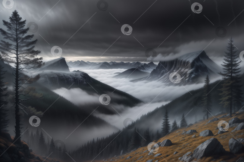 Скачать Величественный горный пейзаж с хвойным лесом фотосток Ozero
