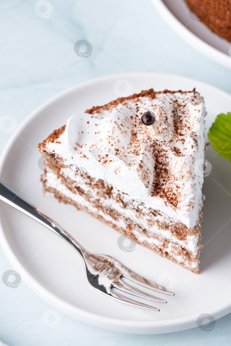 Скачать Идеальный домашний торт тирамису, посыпанный какао-порошком, выложенный ровным слоем на столешницу из белого мрамора фотосток Ozero