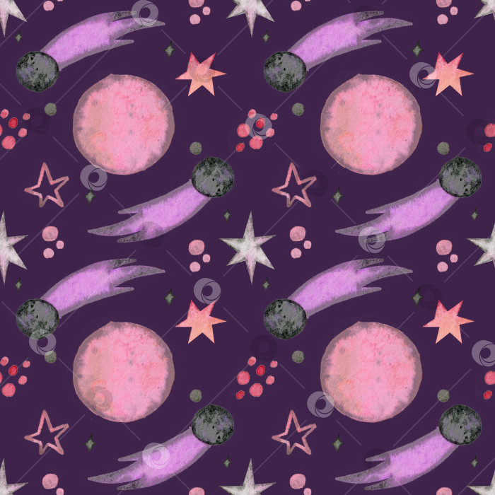 Скачать Бесшовный узор из розовых планет, комет и звезд на фиолетовом фоне. фотосток Ozero
