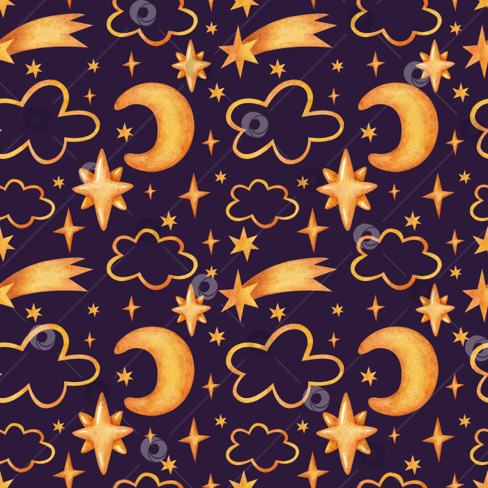 Скачать Бесшовный узор с желтыми облаками, луной и звездами на фиолетовом фоне. фотосток Ozero