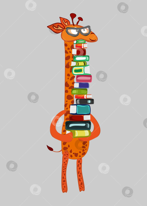 Скачать Векторная иллюстрация мультяшного жирафа, держащего большую стопку книг фотосток Ozero