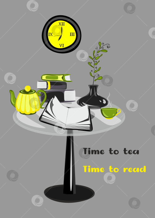 Скачать Векторный плакат со стеклянным столом с книгами, чайником и чашкой на нем. Время пить чай, время читать гуоте фотосток Ozero