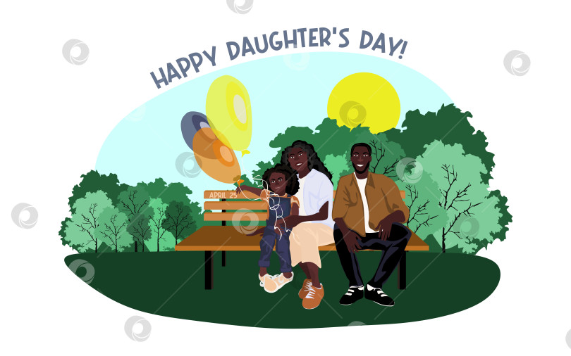 Скачать Счастливая афроамериканская семья сидит на скамейке в парке в солнечную погоду с воздушными шарами векторная иллюстрация фотосток Ozero