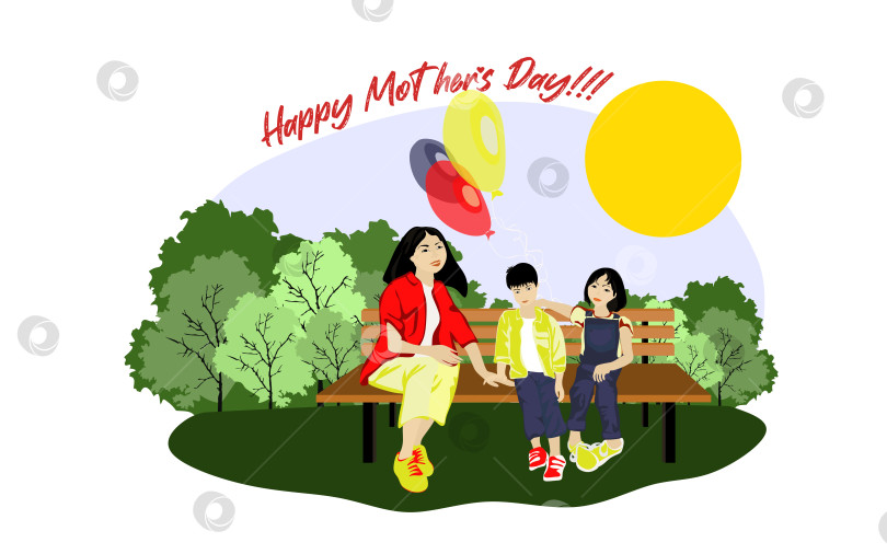 Скачать Счастливая азиатская семья сидит на скамейке в парке в солнечную погоду с воздушными шарами векторная иллюстрация фотосток Ozero
