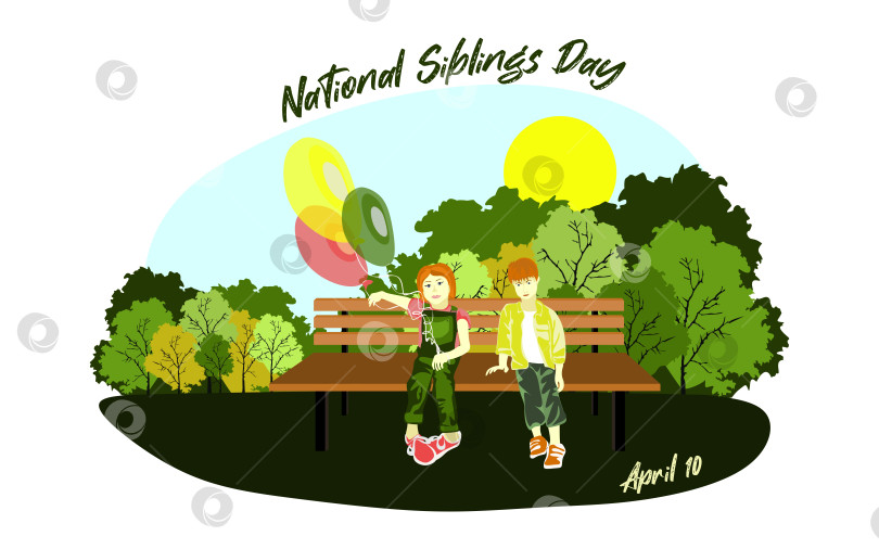 Скачать Счастливая европейская семья сидит на скамейке в парке в солнечную погоду с воздушными шарами векторная иллюстрация фотосток Ozero