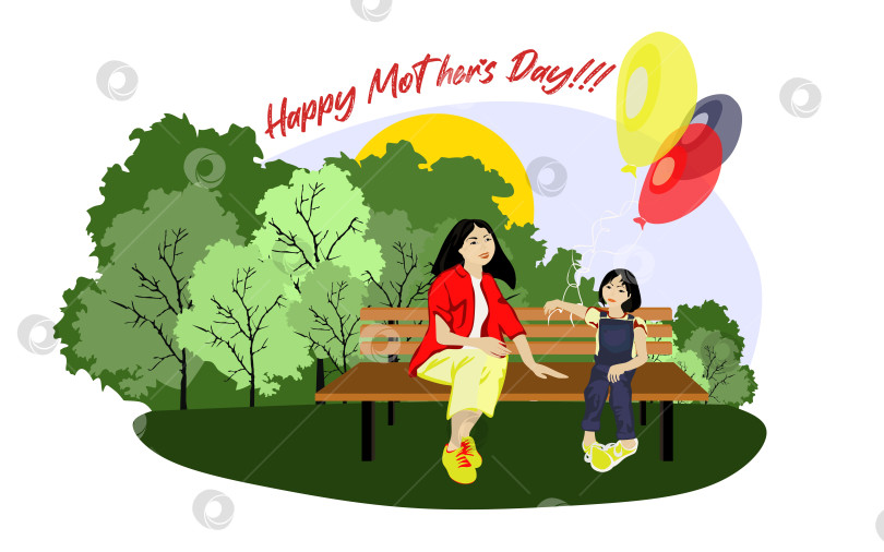 Скачать Счастливая азиатская семья сидит на скамейке в парке в солнечную погоду с воздушными шарами векторная иллюстрация фотосток Ozero